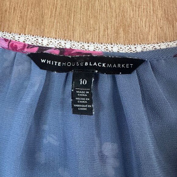 White House Black Market Floral Blouse Blue Lace V-Neck Long Sleeve Size 10 - Picture 5 of 7